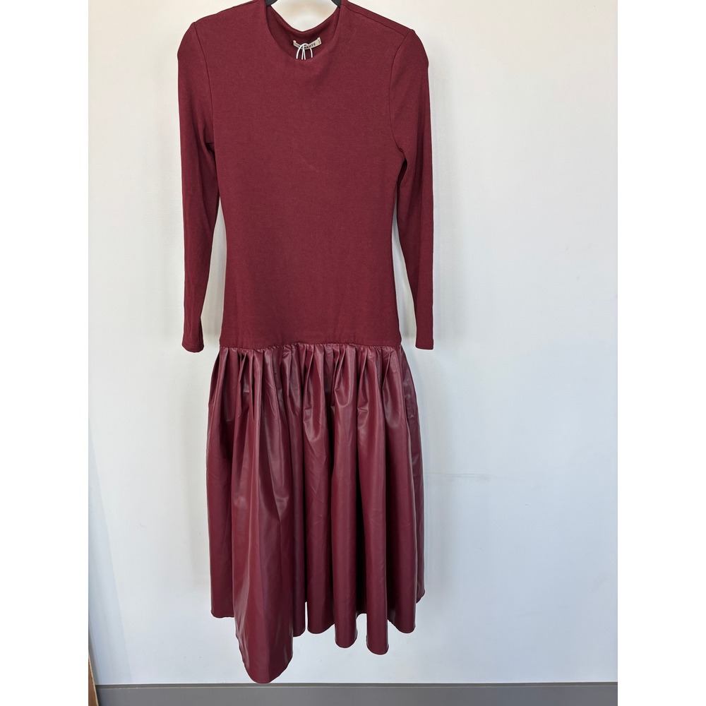 FEHAUTE Burgundy Faux Leather Drop Waist Midi Dress Ribbed Long Sleeve Wine US 2